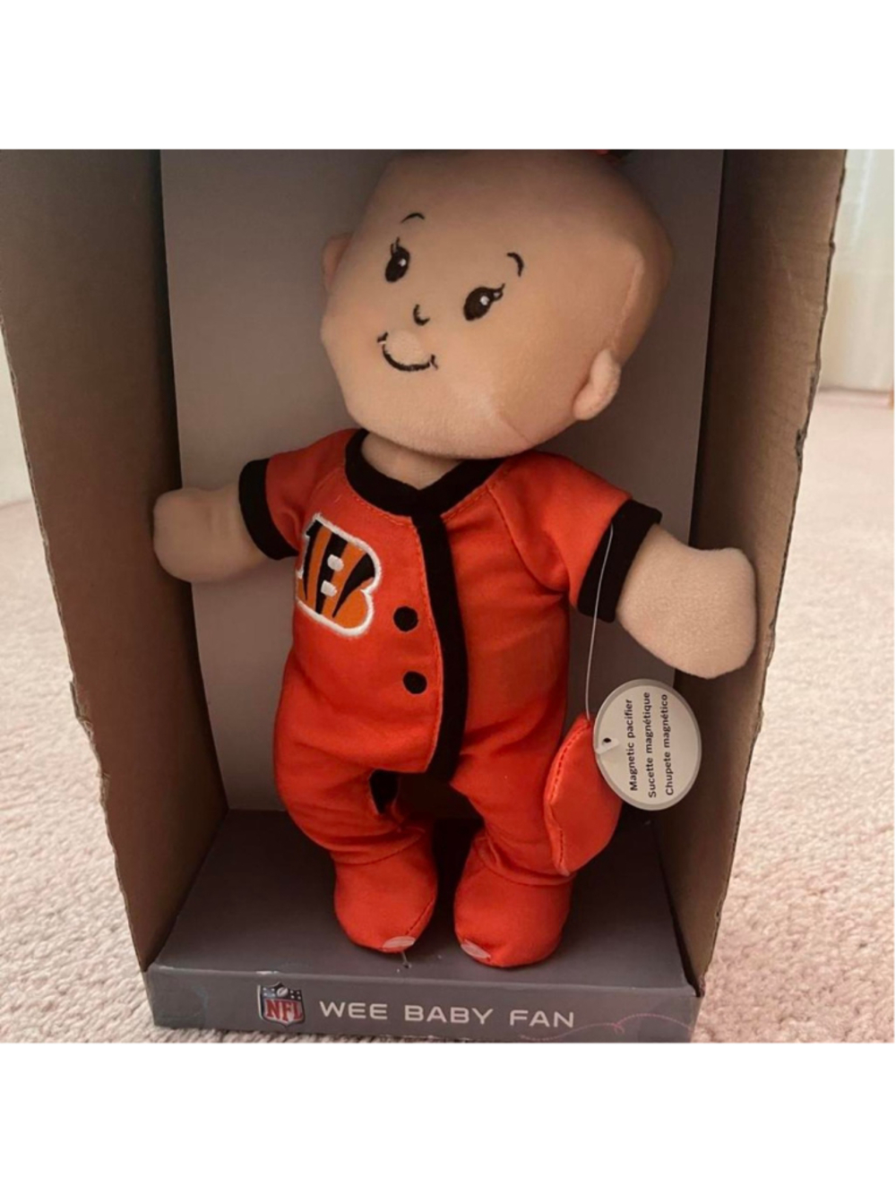 NFL Cincinnati Bengals baby doll with magnetic pacifier in orange jersey with bl - Picture 4 of 6